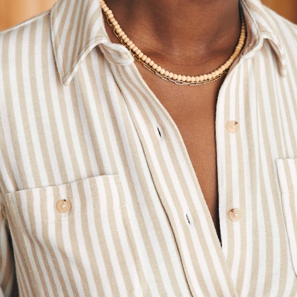 Faherty Legend Sweater Shirt Tannin Stripe Tan Cream Button Down Top Womens M - Picture 5 of 12
